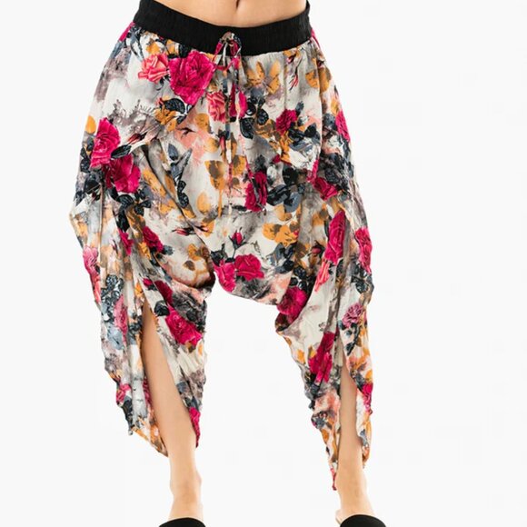Flap Harem Pant Open Side Tasseled Drawstring Yoga Travel Beach Floral Pink Kira - Picture 7 of 12